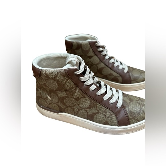EUC Coach Signature Clip High Top sneakers Brown Sz 6.5 leather trim RARE - Picture 2 of 4